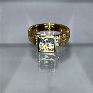 NWOT Genuine Aquamarine Textured Gold Plt Sterling Silver Designer Ring Modern